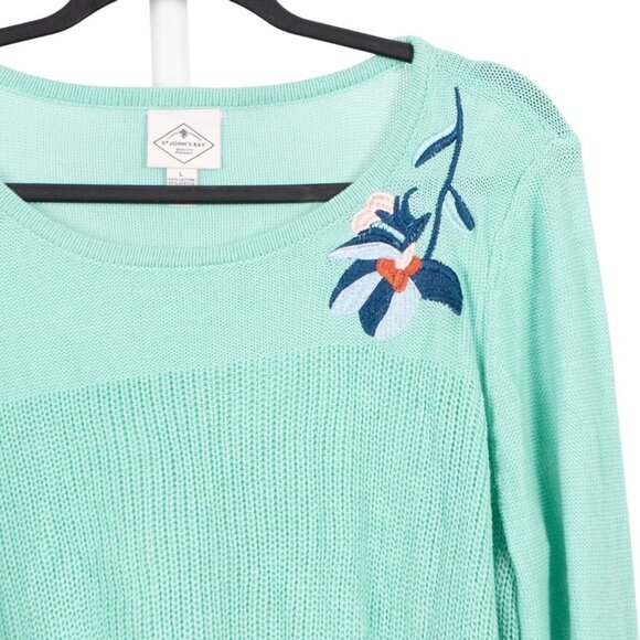 St Johns Bay Sweater Womens L NWOT Mint Green Knit Floral Embroidery Bell Sleeve - Picture 2 of 6